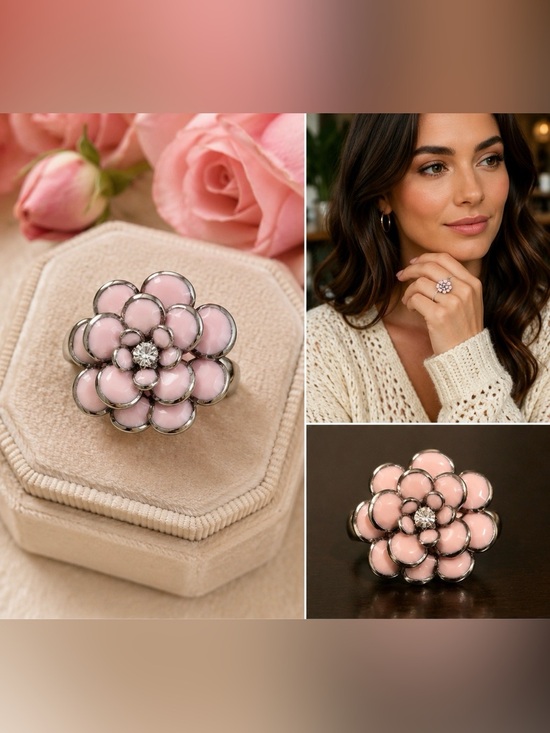 Jewelry - Pink Floral Statement Ring | Crystal Center Flower | Silvertone (Size 5)